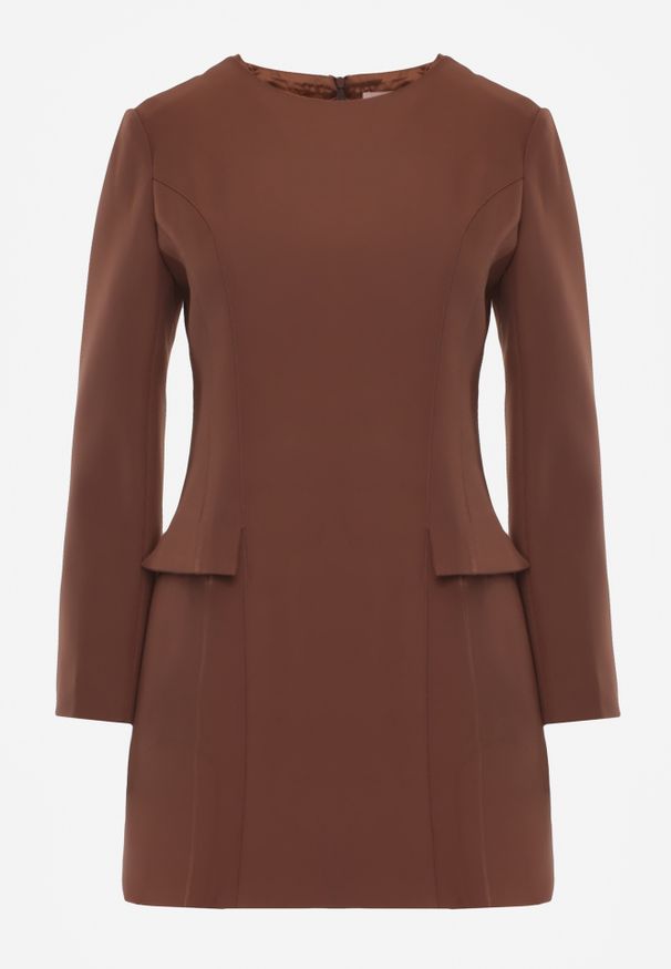 Renee - Brązowa Trapezowa Sukienka VICES o Eleganckim Kroju Zdobionym Imitacją Kieszeni Agats. Kolor: brązowy. Wzór: aplikacja. Typ sukienki: trapezowe. Styl: elegancki