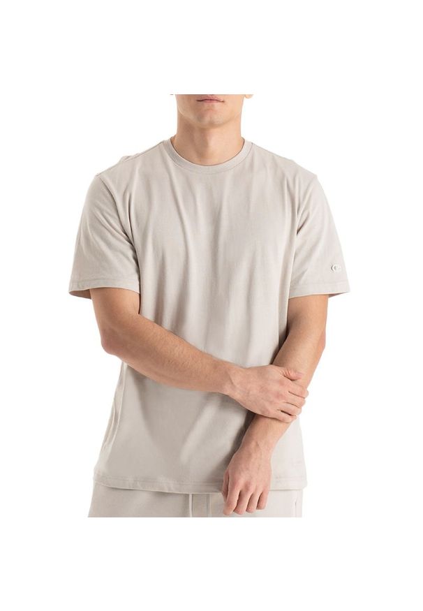 Koszulka Champion Eco Future 220425-ES057 - beżowa. Kolor: beżowy. Materiał: skóra, bawełna, tkanina. Długość rękawa: krótki rękaw. Długość: krótkie