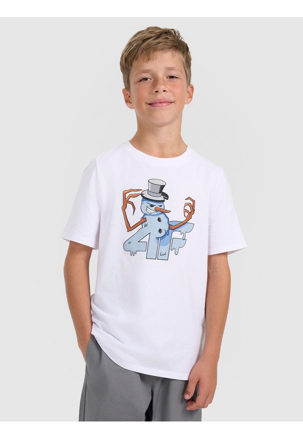 4f - 4F T-shirt regular z nadrukiem świątecznym chłopięcy - biały 134 (8-9 lat). Kolor: biały. Materiał: jeans, materiał, bawełna, dresówka. Wzór: nadruk. Sezon: lato. Styl: wizytowy
