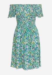 Born2be - Zielona Wiskozowa Sukienka Typu Hiszpanka z Elastyczną Gumką w Talii Anlavera. Okazja: na co dzień. Typ kołnierza: dekolt hiszpanka. Kolor: zielony. Wzór: kwiaty. Typ sukienki: proste. Materiał: wiskoza. Długość rękawa: krótki rękaw. Sezon: wiosna. Styl: casual #3