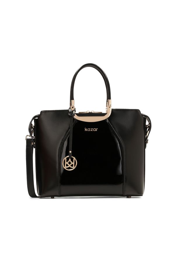 Kazar - Czarna biznesowa torebka z łączonych skór. Kolor: czarny. Materiał: lakierowane, skórzane. Styl: biznesowy