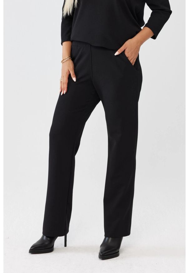 Moda Size Plus Iwanek - Czarne spodnie Florina - prosta nogawka i kieszenie po bokach PLUS SIZE XXL OVERSIZE JESIEŃ. Okazja: na co dzień, do pracy. Kolekcja: plus size. Kolor: czarny. Materiał: nylon, wiskoza, tkanina. Długość: krótkie. Sezon: jesień. Styl: casual, elegancki