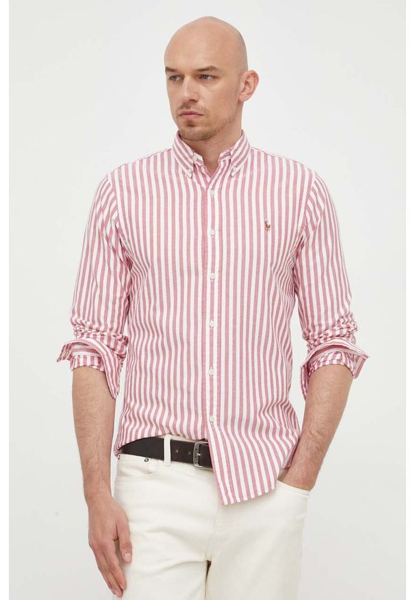 Polo Ralph Lauren koszula bawełniana męska kolor czerwony slim z kołnierzykiem button-down. Typ kołnierza: button down, polo. Kolor: czerwony. Materiał: bawełna. Wzór: aplikacja