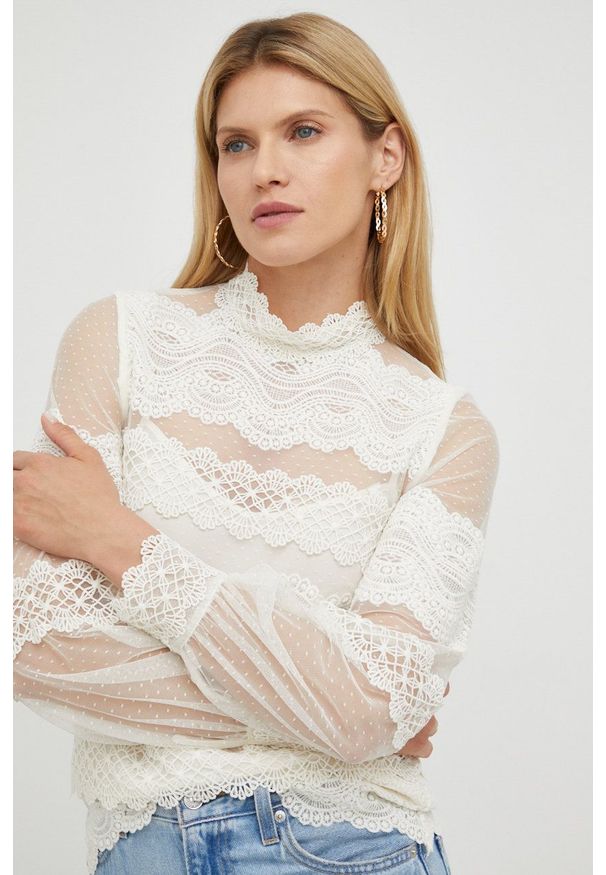 TwinSet - Twinset bluzka damska kolor beżowy z aplikacją. Okazja: na co dzień. Kolor: beżowy. Materiał: materiał. Długość rękawa: na ramiączkach. Długość: długie. Wzór: aplikacja. Styl: casual