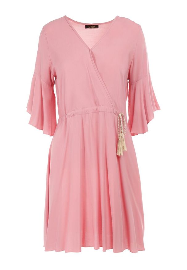 Born2be - Różowa Sukienka Myrope. Typ kołnierza: dekolt kopertowy. Kolor: różowy. Materiał: tkanina, wiskoza. Długość rękawa: krótki rękaw. Wzór: gładki, aplikacja. Typ sukienki: kopertowe. Styl: elegancki. Długość: mini