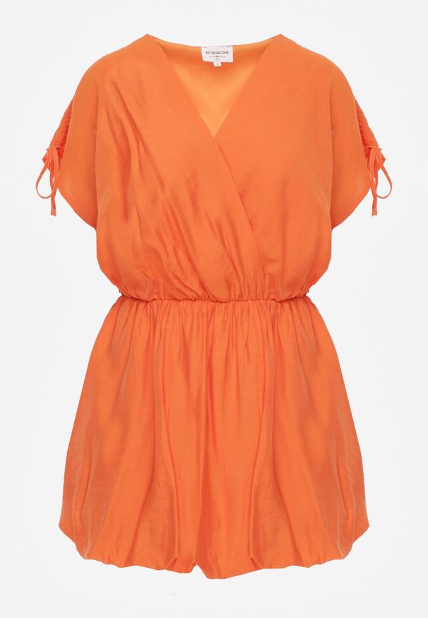 Renee - Pomarańczowa Kopertowa Sukienka Bombka z Wiązaniami Nyana. Typ kołnierza: dekolt kopertowy. Kolor: pomarańczowy. Typ sukienki: bombki, kopertowe. Styl: elegancki