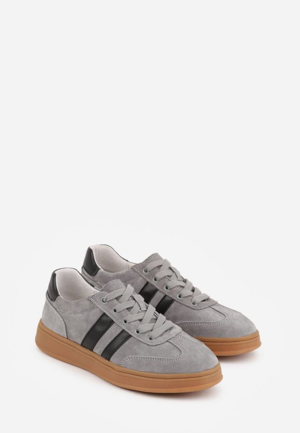 Born2be - Szare Skórzane Sneakersy i Ozdobnymi Paskami Zelisei. Okazja: na co dzień. Zapięcie: pasek. Kolor: szary. Materiał: skóra