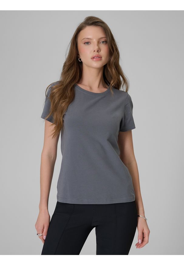 4f - 4F T-shirt slim gładki damski - szary XL. Okazja: na co dzień. Kolor: szary. Materiał: dzianina, elastan, bawełna. Wzór: gładki. Styl: casual, klasyczny