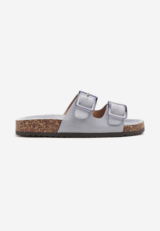Renee - Niebieskie Klapki na Korkowej Platformie z Klamrami Teloniel. Okazja: na co dzień, na spacer. Kolor: niebieski. Materiał: jeans. Sezon: lato. Obcas: na platformie. Styl: casual