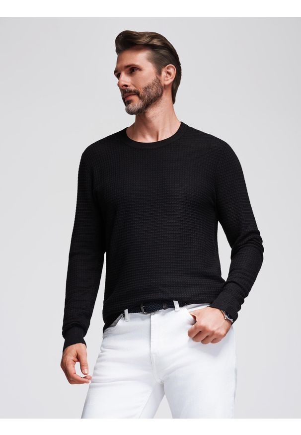 Ombre Clothing - Strukturalny męski sweter z okrągłym dekoltem – czarny V3 - Rozmiar: XL. Okazja: na co dzień. Kolor: czarny. Materiał: wiskoza, dzianina, jeans, elastan, nylon. Wzór: ze splotem. Styl: casual