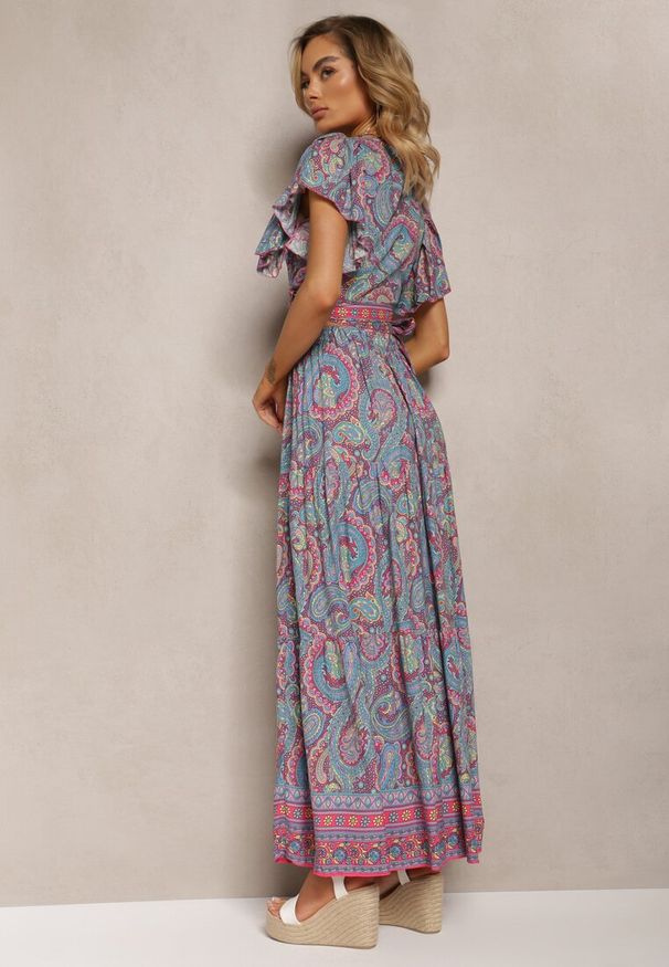 Renee - Fuksjowy Wiskozowy Komplet 2-Częściowy w Print Paisley Długa Spódnica i Kopertowy Top Aeodosia. Kolor: różowy. Materiał: wiskoza. Wzór: paisley, nadruk