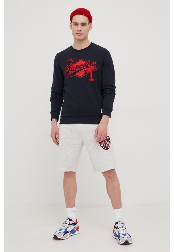 Superdry bluza męska kolor granatowy z nadrukiem. Kolor: niebieski. Wzór: nadruk