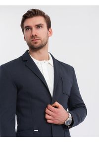 Ombre Clothing - Męska marynarka SLIM z dzianiny o subtelnej strukturze – granatowa V3 - Rozmiar: XXL. Okazja: do pracy. Kolor: niebieski. Materiał: dzianina. Wzór: kolorowy. Styl: klasyczny #7