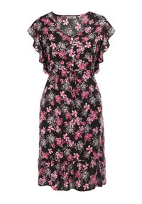 Born2be - Czarno-Różowa Sukienka z Wiskozy Actamia. Okazja: na co dzień. Typ kołnierza: kokarda, kołnierz z falbankami. Kolor: czarny. Materiał: wiskoza. Wzór: kwiaty. Typ sukienki: proste. Styl: casual. Długość: mini #3