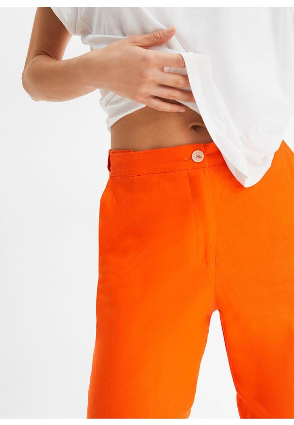bonprix - Spodnie high waist z mieszanki lnu z wiskozą, o skróconej długości. Stan: podwyższony. Kolor: pomarańczowy. Materiał: wiskoza, len. Długość: krótkie