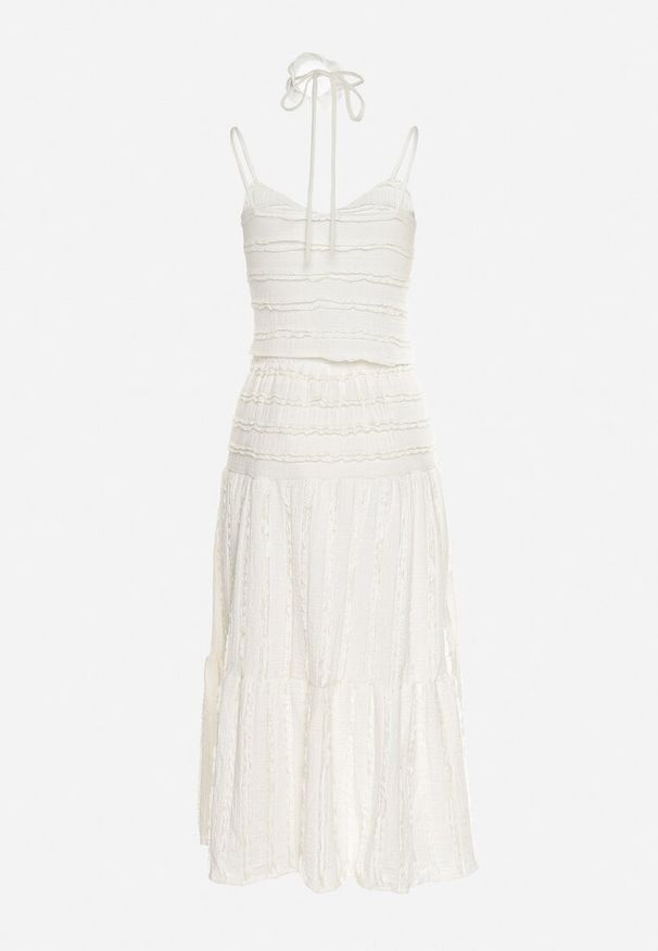 Born2be - Beżowy Komplet Top na Ramiączkach Spódnica z Gumką w Pasie i Falbankami Choker z Różą Glina. Kolor: beżowy. Wzór: aplikacja