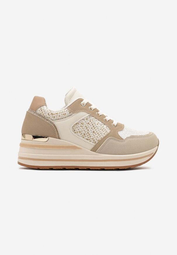 Born2be - Beżowe Sneakersy na Koturnie Ozdobione Brokatem Tilliante. Okazja: na co dzień. Kolor: beżowy. Materiał: jeans. Wzór: aplikacja. Obcas: na koturnie