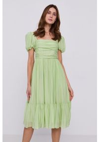 Miss Sixty Sukienka kolor zielony midi rozkloszowana. Kolor: zielony. Materiał: tkanina. Długość rękawa: krótki rękaw. Wzór: gładki. Typ sukienki: rozkloszowane. Długość: midi #4