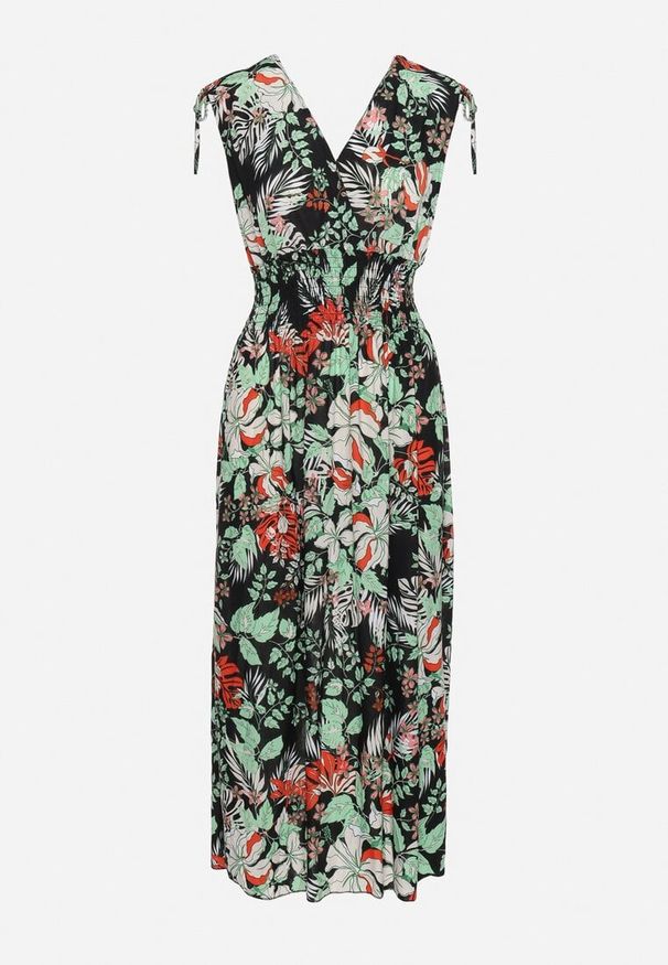 Born2be - Czarno-Zielona Sukienka z Kopertowym Dekoltem w Kwiaty z Gumką w Pasie Fionessa. Okazja: na co dzień. Typ kołnierza: dekolt kopertowy. Kolor: czarny. Wzór: kwiaty. Typ sukienki: kopertowe. Styl: elegancki, casual, klasyczny