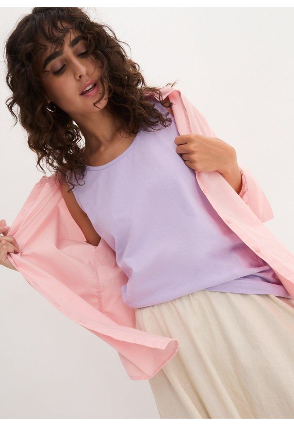 bonprix - Długi top z czystej bawełny (5 sztuk). Kolor: fioletowy. Materiał: bawełna. Długość: długie. Wzór: gładki, jednolity, melanż