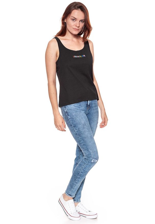 Wrangler - WRANGLER T SHIRT DAMSKI TANK BLACK W7387EV01 112131060. Okazja: na co dzień. Długość rękawa: na ramiączkach. Wzór: nadruk, kolorowy. Styl: casual