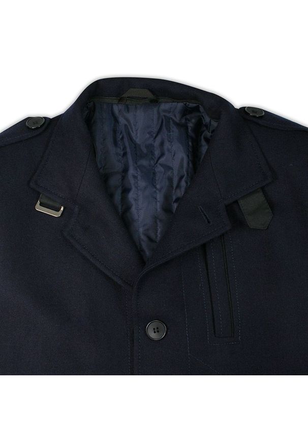 Kurtka Granatowa Elegancka, Wełniana, z Odpinanym Kołnierzem, Jesienno-Zimowa -JaniMen. Kolor: niebieski. Materiał: wełna. Sezon: zima, jesień. Styl: elegancki