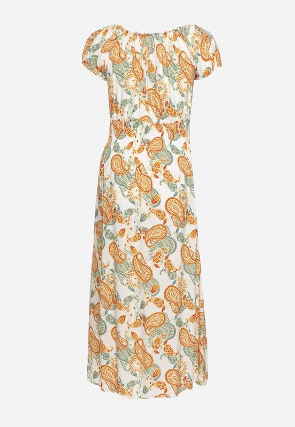 Born2be - Biało-Pomarańczowa Bawełniana Sukienka z Gumką w Pasie Zilletta. Okazja: na randkę, na co dzień. Kolor: biały. Materiał: bawełna. Styl: casual, klasyczny