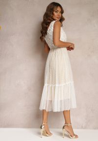 Renee - Biała Taliowana Sukienka Midi z Ozdobną Siateczką Celerise. Kolor: biały. Długość: midi #3