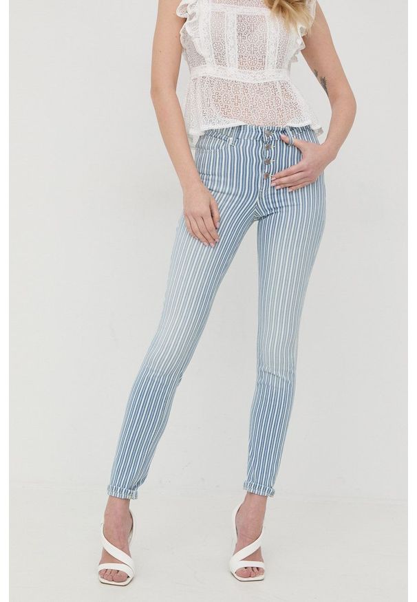 Guess spodnie damskie dopasowane medium waist. Kolor: niebieski. Materiał: tkanina
