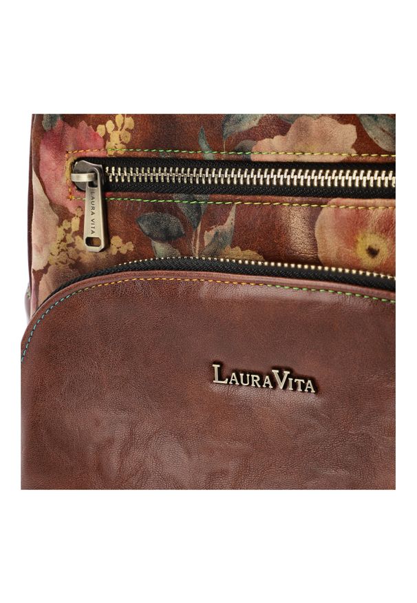 Brązowy Elegancki Damski Plecak Laura Vita. Kolor: brązowy. Materiał: materiał. Wzór: kwiaty. Styl: elegancki