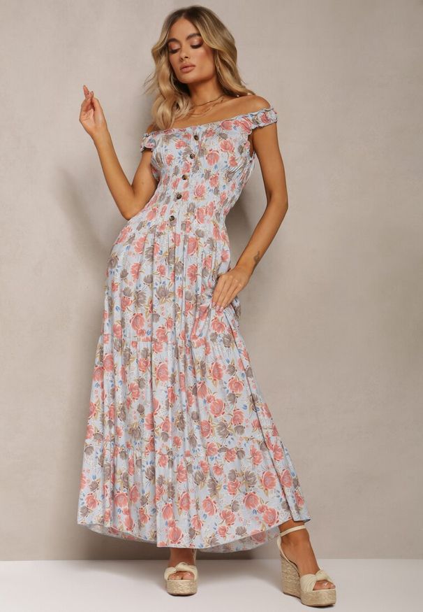 Renee - Jasnoniebieska Kwiecista Sukienka Rozkloszowana z Bawełny na Ramiączkach Kalassia. Okazja: na co dzień. Kolor: niebieski. Materiał: bawełna. Długość rękawa: na ramiączkach. Wzór: kwiaty. Sezon: lato. Typ sukienki: rozkloszowane. Styl: elegancki, casual, klasyczny