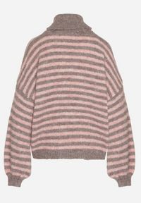 Born2be - Szaro-Różowy Golf z Domieszką Wełny w Paski Monallia. Okazja: na co dzień. Typ kołnierza: golf. Kolor: szary. Materiał: wełna. Wzór: paski. Styl: casual, elegancki, klasyczny #2