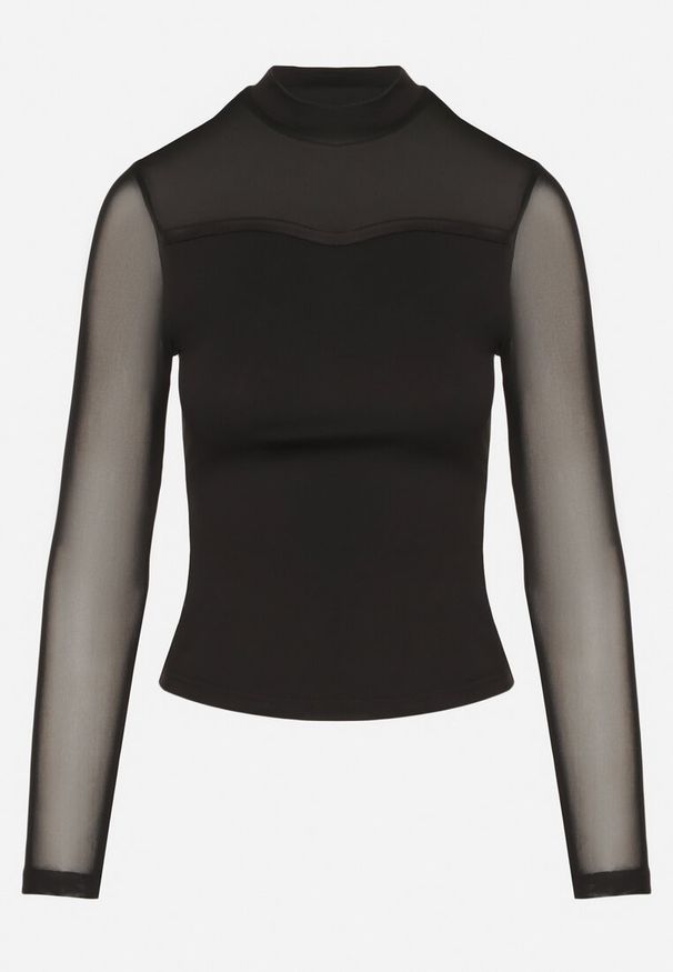 Born2be - Czarna Bluzka z Golfem Vices Ozdobiona Transparentnymi Wstawkami Hatalie. Okazja: na co dzień. Typ kołnierza: golf. Kolor: czarny. Materiał: jeans. Długość rękawa: długi rękaw. Długość: długie. Wzór: aplikacja. Styl: casual, klasyczny