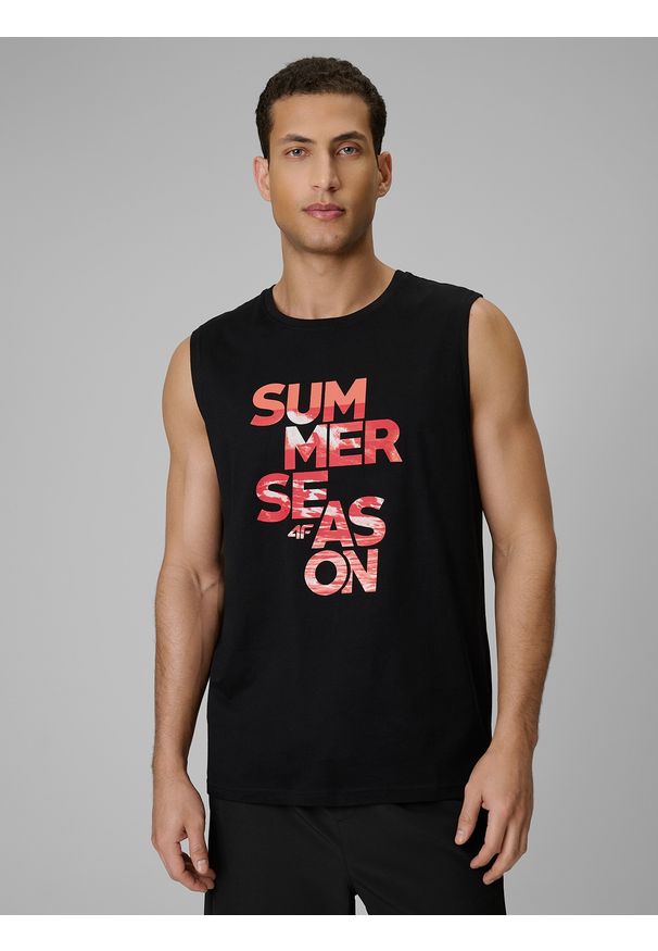 4f - 4F Koszulka bez rękawów regular z nadrukiem męska - czarna S. Kolor: czarny. Materiał: dzianina, bawełna. Długość rękawa: bez rękawów. Wzór: nadruk. Sezon: lato