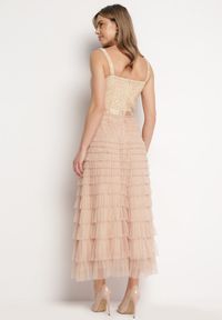 Born2be - Beżowa Sukienka Maxi na Ramiączkach z Gorsetową Górą i Tiulowymi Falbanami Encartia. Typ kołnierza: dekolt gorset. Kolor: beżowy. Materiał: tiul. Długość rękawa: na ramiączkach. Typ sukienki: gorsetowe. Długość: maxi #4