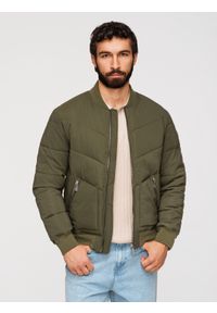 Ombre Clothing - Męska pikowana kurtka bomberka z metalowymi zamkami - ciemnooliwkowa V3 - Rozmiar: L. Kolor: oliwkowy. Materiał: poliester. Wzór: nadruk #1