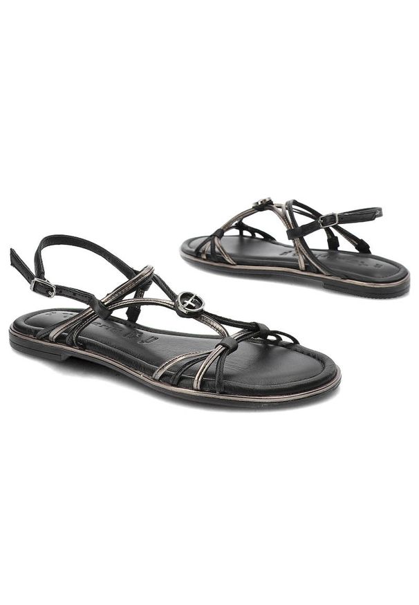 Czarne Sandały Tamaris Eleganckie Płaskie Buty. Okazja: na co dzień, na spacer. Zapięcie: pasek. Kolor: czarny. Wzór: paski. Sezon: lato. Obcas: na płaskiej podeszwie. Styl: elegancki