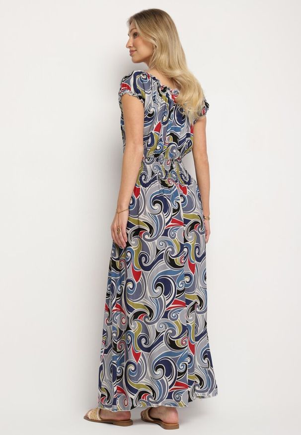 Born2be - Granatowa Bawełniana Sukienka z Abstrakcyjnym Wzorem i Gumką w Pasie Orralisa. Okazja: na co dzień. Kolor: niebieski. Materiał: bawełna. Typ sukienki: proste, rozkloszowane. Styl: elegancki, casual, klasyczny