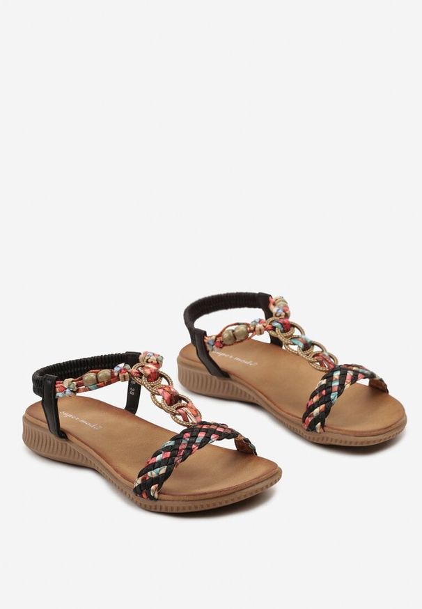 Born2be - Czarne Sandały z Koralikami i Plecionymi Paseczkami Lomerae. Okazja: na co dzień. Kolor: czarny. Sezon: lato. Obcas: na obcasie. Styl: elegancki, etno, boho, casual. Wysokość obcasa: niski