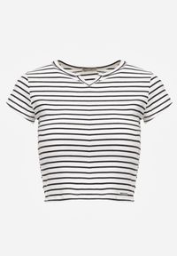 Renee - Biały Crop Top Bawełny z Prążkowanej Dzianiny w Paski Ozdobiony Wycięciem Ionilla. Okazja: na co dzień. Kolor: biały. Materiał: bawełna, prążkowany, dzianina. Wzór: aplikacja, paski. Styl: casual #6