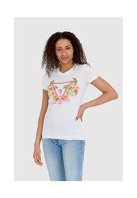 Guess - GUESS Biały t-shirt damski z logo z kwiatami i dżetami slim fit, Rozmiar S. Kolor: biały. Materiał: bawełna. Wzór: kwiaty