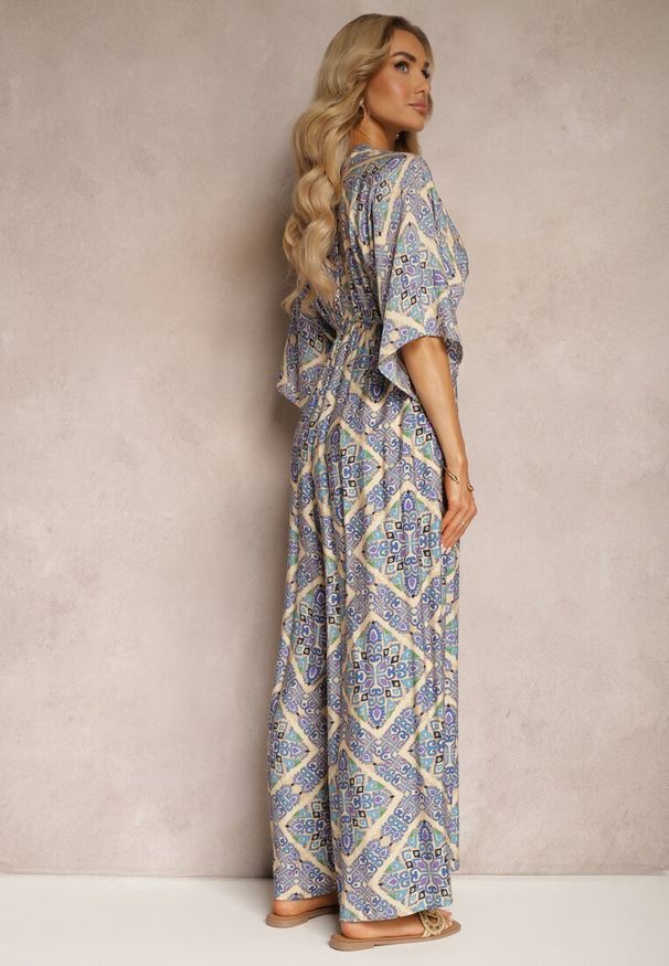 Renee - Niebieski Boho Kombinezon z Wiązaniem na Plecach z Gumką w Pasie i Długimi Nogawkami Sopolia. Kolor: niebieski. Materiał: skóra. Długość: długie. Styl: boho