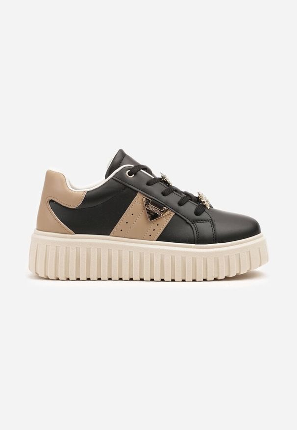 Born2be - Czarne Sneakersy na Grubej Podeszwie z Metalicznymi Aplikacjami Elealenna. Okazja: na co dzień. Zapięcie: sznurówki. Kolor: czarny. Materiał: jeans. Wzór: aplikacja