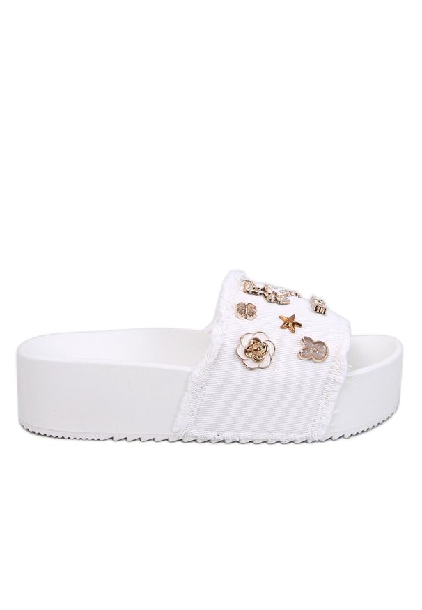 Seastar Klapki na grubej podeszwie z misiem Lancaster White białe. Kolor: biały. Materiał: materiał, tkanina. Wzór: aplikacja. Obcas: na platformie