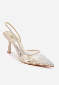 Renee - Złote Szpilki Slingback z Transparentną Cholewką i Cyrkoniami Liaceran. Okazja: na imprezę. Kolor: złoty. Szerokość cholewki: normalna. Obcas: na szpilce. Styl: wizytowy, glamour #9