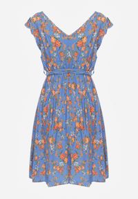 Renee - Niebieska Sukienka Mini z Wiskozy z Gumką w Talii Farlock. Kolor: niebieski. Materiał: wiskoza. Wzór: kwiaty. Długość: mini #3