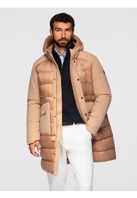 Ombre Clothing - Długa pikowana kurtka męska z dużymi kieszeniami – beżowa V2 - Rozmiar: XL. Typ kołnierza: kaptur. Kolor: beżowy. Materiał: syntetyk, tkanina, materiał. Długość: długie. Wzór: gładki