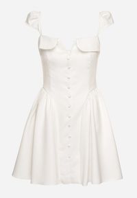 Born2be - Biała Rozkloszowana Sukienka z Ozdobnym Dekoltem i Guzikami Salasesia. Okazja: na co dzień. Typ kołnierza: dekolt kwadratowy. Kolor: biały. Styl: casual, elegancki #5