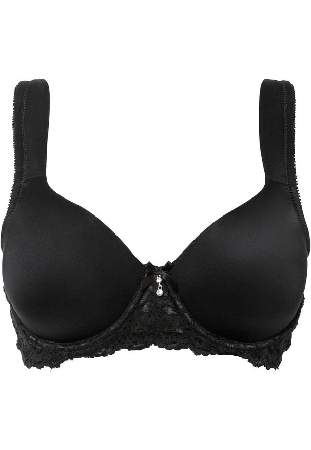 bonprix - Biustonosz z usztywnianymi miseczkami i wyściełanymi ramiączkami. Kolor: czarny. Materiał: koronka. Wzór: koronka