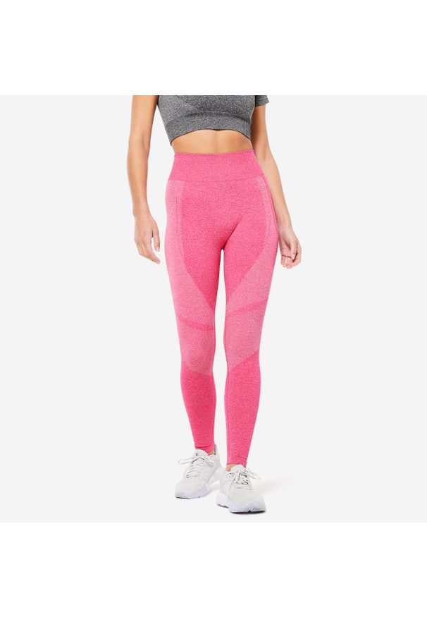 DOMYOS - Legginsy fitness damskie Domyos 900. Stan: podwyższony. Kolor: różowy. Materiał: poliamid, elastan, materiał, poliester. Sport: fitness